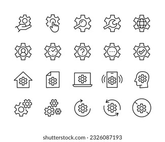 Setting icons set, Tools, Cog, Gear, help options account, Settings, Cogwheel, mechanism Operations icon button, vector, sign, symbol, logo, illustration, editable stroke, flat isolaated on white