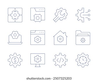 Configuración de iconos. Estilo de línea delgada, carrera editable. software, Configuraciones, Configuraciones del App, tiempo, engranaje, configuración, mantenimiento del Web.