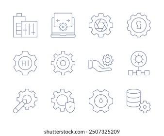 Configuración de iconos. Estilo de línea delgada, carrera editable. Configuraciones, engranaje, configuración, optimización, Asistencia, inteligencia artificial, red, batería, gestión de datos.