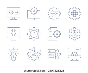 Configuración de iconos. Estilo de línea delgada, trazo editable. almacenamiento de datos, documento, Configuraciones, computadora, idea, globo, configuración.