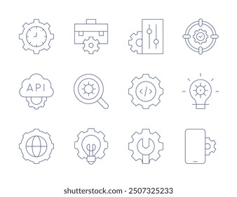 Configuración de iconos. Estilo de línea delgada, carrera editable. controles, admin, Configuraciones, objetivo, smartphone, idea, api, internacional, trabajo.