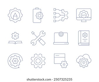 Setting icons. Thin Line style, editable stroke. cogwheel, tools, settings, system, development, cloud, book, guide.