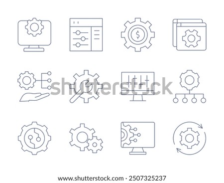 Setting icons. Thin Line style, editable stroke. cogwheel, system, settings, system update, management.