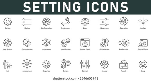 Configuración de iconos Ilustración vectorial con trazo editable de línea delgada que contiene opciones Preferencias de configuración Ajuste de la operación Ecualizador Configuración del usuario Parámetros de personalización Modificación