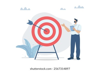 Setting important goals, Action plan or objective that inspires an organization or its employees to achieve their goals, Defining challenging business missions, Businessman with arrow at the target.
