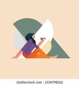 setting lady in nature with coffee cup, break time, tea time, lady enjoying nature, outdoor concept, creative illustration