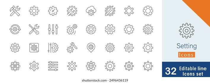 Ajuste del conjunto de iconos editable de la línea. llave, icono del engranaje, llave, destornillador y más colección de la carrera 