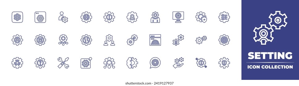 Estableciendo la colección de iconos de línea. Trazo editable. Ilustración vectorial. Conteniendo recursos humanos, configuración, configuración, configuración global, configuración web, notificación de configuración.