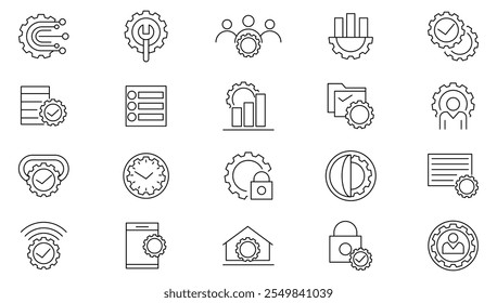Setting line icon set. Gear, adjustments, setup, preferences, options, controls, service, operation, technology, design, project, production, construction line icon set. Ui thin line icon pack. 