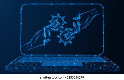 Setting up the mechanism of the website. Joint software optimization. The finger of the hand in the form of a wrench adjusts the gears in the laptop screen.  Polygonal design of lines and dots.