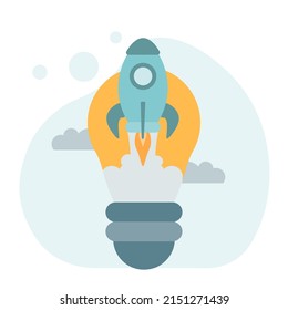 Setting up new business, motivation to create new business idea and make it success concept. Innovative rocket inside light bulb idea. Flat vector illustration.