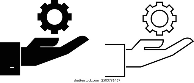 Setting on hand icon- black and white glyph icon