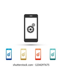 Setting on smartphone screen icon isolated on white background. Mobile phone and gear sign. Adjusting app, set options, repair, fixing phone concepts. Colored icons. Flat design. Vector Illustration