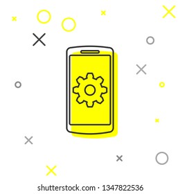 Setting on smartphone screen icon on white background. Mobile phone and gear sign. Adjusting app, set options, repair, fixing phone concepts. Vector Illustration