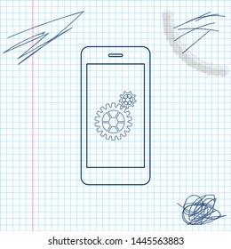 Setting on smartphone screen line sketch icon isolated on white background. Mobile phone and gear sign. Adjusting app, set options, repair, fixing phone concepts. Vector Illustration