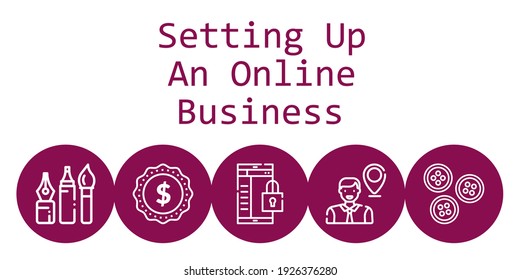 Einrichtung eines Online-Business-Hintergrundkonzepts mit der Einrichtung eines Online-Business-Icons. Symbole für Smartphone, Tasten, Label, Mitarbeiter, Tools