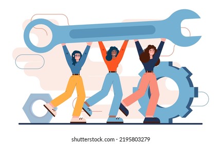 Setting and optimization concept. Idea of improvement, change or repair. Charcter holding wrench to adjust gear cogwheels setting. Customization or technical maintenance. Flat vector illustration