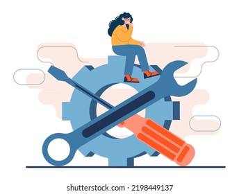 Setting and optimization concept. Idea of improvement, change or repair. Charcter holding wrench to adjust gear cogwheels setting. Customization or technical maintenance. Flat vector illustration