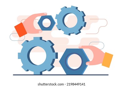 Setting and optimization concept. Idea of improvement, change or repair. Gear cogwheels setting. Customization or technical maintenance. Flat vector illustration