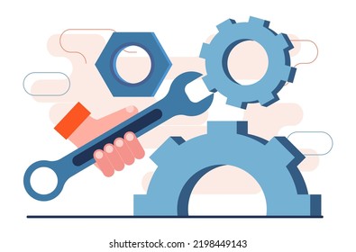 Setting and optimization concept. Idea of improvement, change or repair. Charcter holding wrench to adjust gear cogwheels setting. Customization or technical maintenance. Flat vector illustration