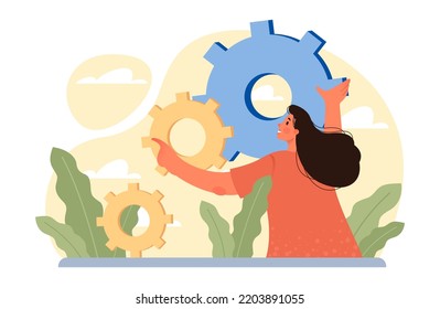 Setting and optimization concept. Idea of improvement, change or repair. Gear cogwheels setting. Customization or technical maintenance. Flat vector illustration