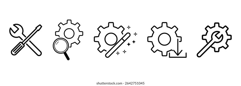 Setting optimization tools configuration system update support repair diagnostic performance analysis maintenance enhancement adjustment gear vector illustration.