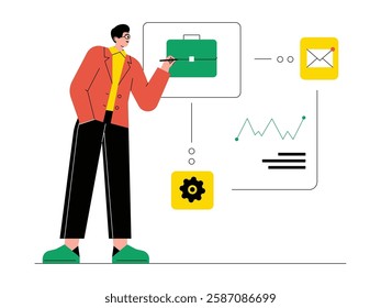 Setting up a personal business by looking at global market strategies, solopreneur vector illustration.
