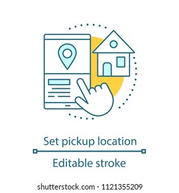 Setting pick up location concept icon. Choosing start destination point idea. Thin line illustration. Carpooling service. Vector isolated outline drawing. Editable stroke