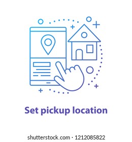 Setting pick up location concept icon. Choosing start destination point idea. Thin line illustration. Carpooling service. Vector isolated outline drawing