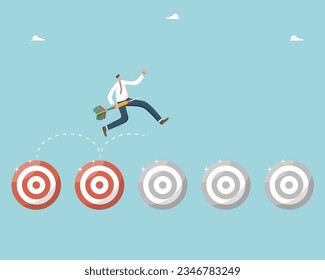 Den Weg zum Erfolg zu finden und zu planen, den Fortschritt des Workflows und den Erfolg von Aufgaben zu verfolgen, Strategie zu gewinnen oder zu planen, um Geschäftsziele zu erreichen, hohe Leistung, Mann springen auf Dartboards.