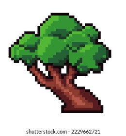 Setting for play, tree with green leaves and branches, twigs and foliage. Nature and flora of forest and woods, plants. Pixelated isolated icon for 8 bit game, retro design. Vector in flat style