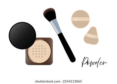 Setting powder with brush and puffs. Makeup tools vector illustration.