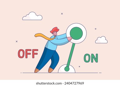 Setting or preference concept. Turn on switch, paradigm shift or change to be better status, start or begin business, smart businessman push setting button switch to on position.