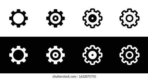 Setting, properties, and configuration icon set. Flat design icon collection isolated on black and white background. Simple modern gear design.  