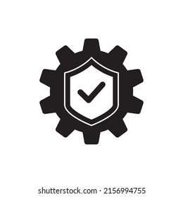 Setting with protection icon. cogwheel with shield sign in black flat glyph, filled style isolated on white background