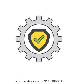 Setting with protection icon. cogwheel with shield sign in color icon, isolated on white background 