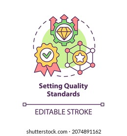 Icono de concepto de estándares de calidad. Control de rendimiento. Garantía de servicio para el cliente. Ilustración de la línea delgada de la idea abstracta de la planificación de la marca. Dibujo de color de contorno aislado del vector. Trazo editable