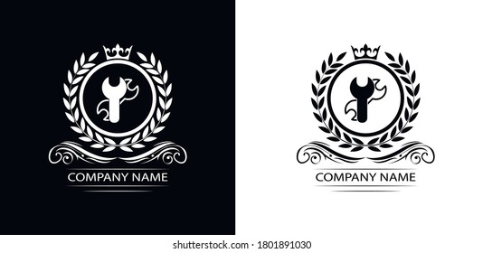 configuración, reparación plantilla de logotipo de lujo servicio de vectores reales empresa emblema decorativo con corona  