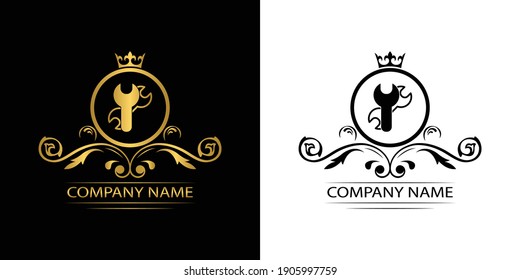 configuración, reparación plantilla de logotipo de lujo servicio de vectores reales empresa emblema decorativo con corona  