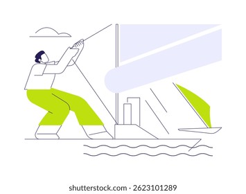 Setting a sail abstract concept vector illustration. Young man controls and adjusts the sails, personal yacht, boat owner, water transport, maritime vehicle, luxury vessel abstract metaphor.