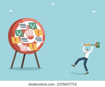 Setting and scheduling tasks for success, tracking workflow progress and task success, building a winning strategy and planning to achieve business goals, man throws dart at dart board with task notes