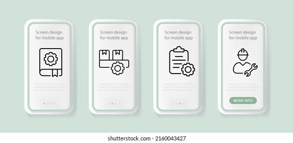 Setting set icon. Directory, adjuster, provider, realtor, clipboard, gear, repair, etc. Fixing concept. UI phone app screens with people. Vector line icon for Business and Advertising