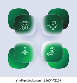 Setting set icon. Gear, development, configuration, plan, tuning, office worker, hard hat, hand, textbook. Setup concept. Glassmorphism style. Vector line icon for Business and Advertising