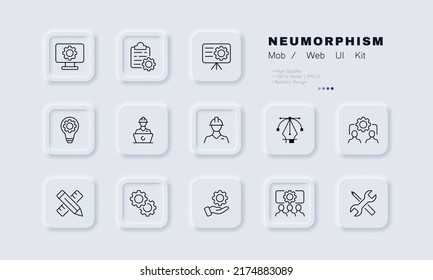 Setting set icon. Setup, configuration, repair, worker, support service, layout, renovation, tool, development. Infographic concept. Neomorphism style. Vector line icon for Business and Advertising