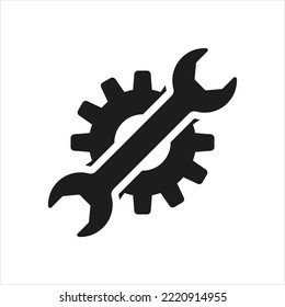 Einstellen des Symbols. Schlüssel, Hammer, Werkzeuge, Reparatur, Bau, Arbeit, Arbeiter, Getriebe, Tuning, Setup. Konfigurationskonzept. Vektorschwarze Linie Symbol auf weißem Hintergrund