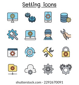 Setting, Setup, Configuration, Maintenance color line icon set