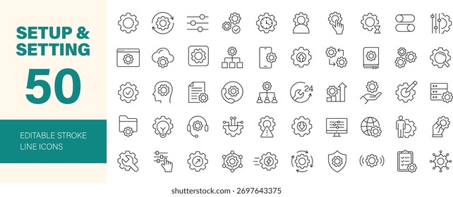 Setting Setup icon set. Containing option, installation, tool, gear, control, panel, equalizer, optimization, data and more. Editable line icons. Vector illustration.