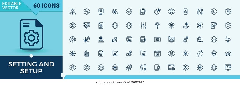 Setting And Setup icon set. It contains symbols to data, fix, application, engine, internet, software, ui, support. Symbol. Solid line editable stroke. Vector line and solid icons.