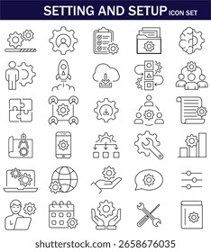 Definição e configuração do ícone definido no estilo de linha moderno. Inclui engrenagens, ferramentas, nuvem, equipe, celular e elementos de UI. Perfeito para aplicativos, sites e designs de configuração de sistema.