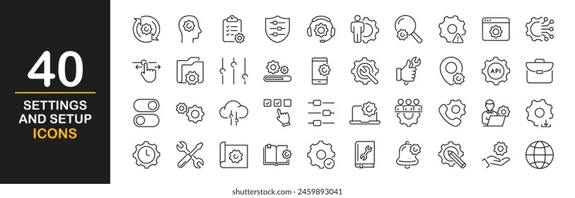 Setting and setup icon set. UI icon set. Contains such icons as gear, adjustments, setup, preferences, containing options, controls, service, operation icons and more. Vector illustration